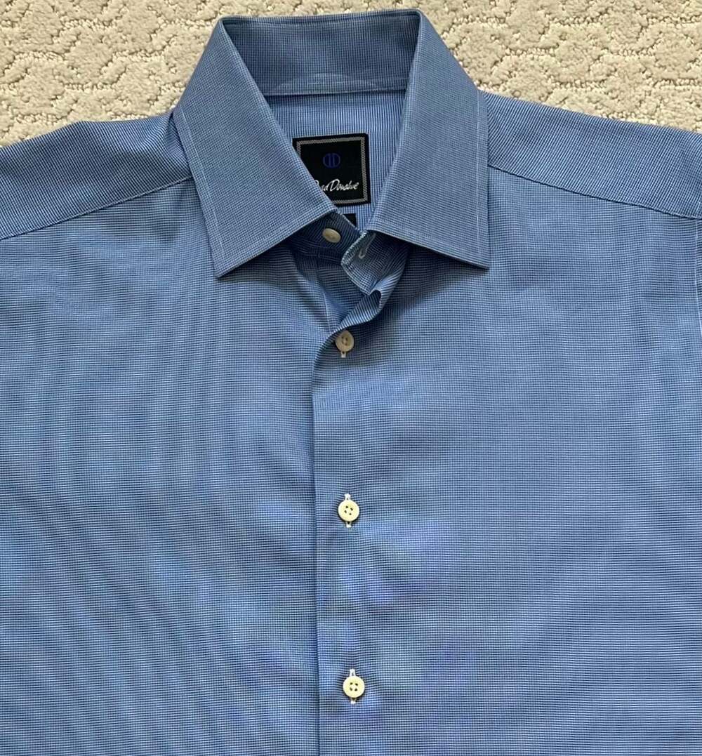 David Donahue Trim Fit Blue Micro-Check Dress Shirt Size 15 32/33